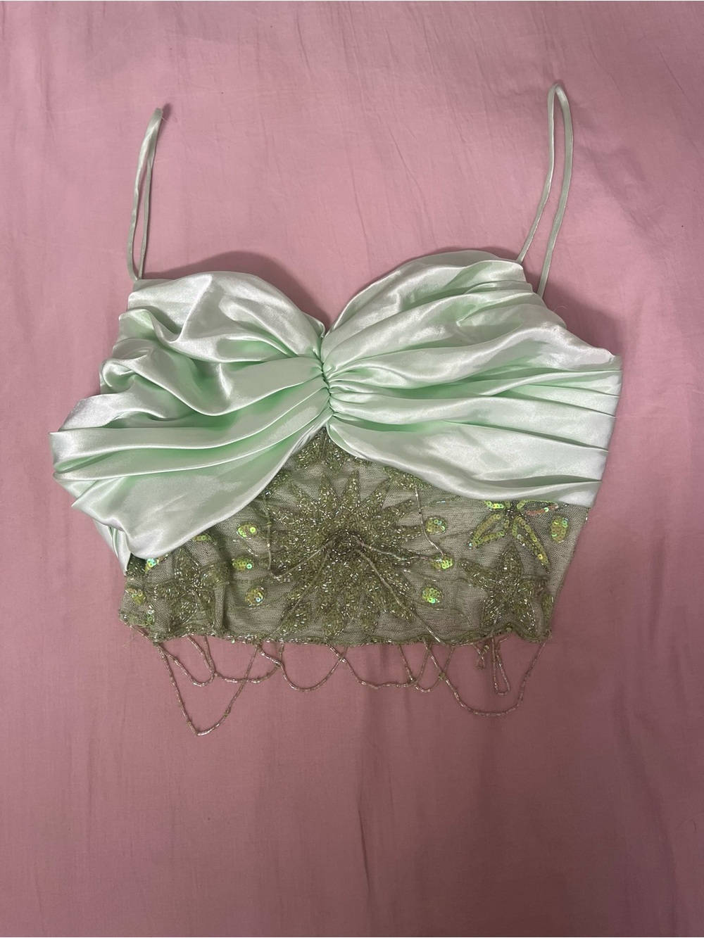 Vintage Y2K Euro Fairy Mint Green Satin Beaded Camisole Top